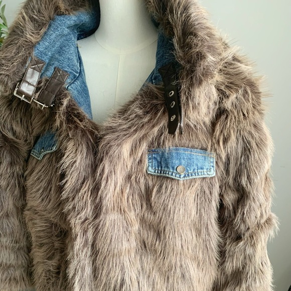 Reversible Denim Faux Fur Coat Heavy Winter Jacket M - Picture 9 of 12